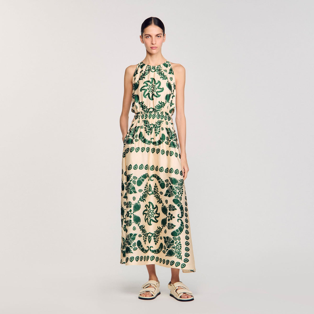 Sandro Leaf print maxi dress Ecru / Green