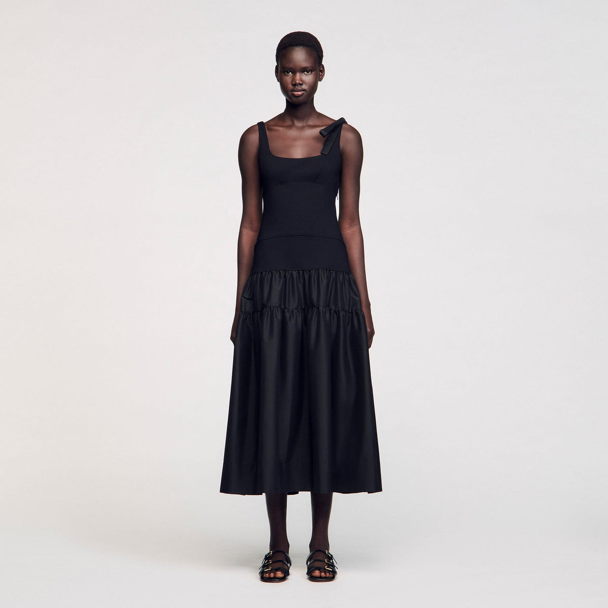 Sandro Maxi dual-material dress Black