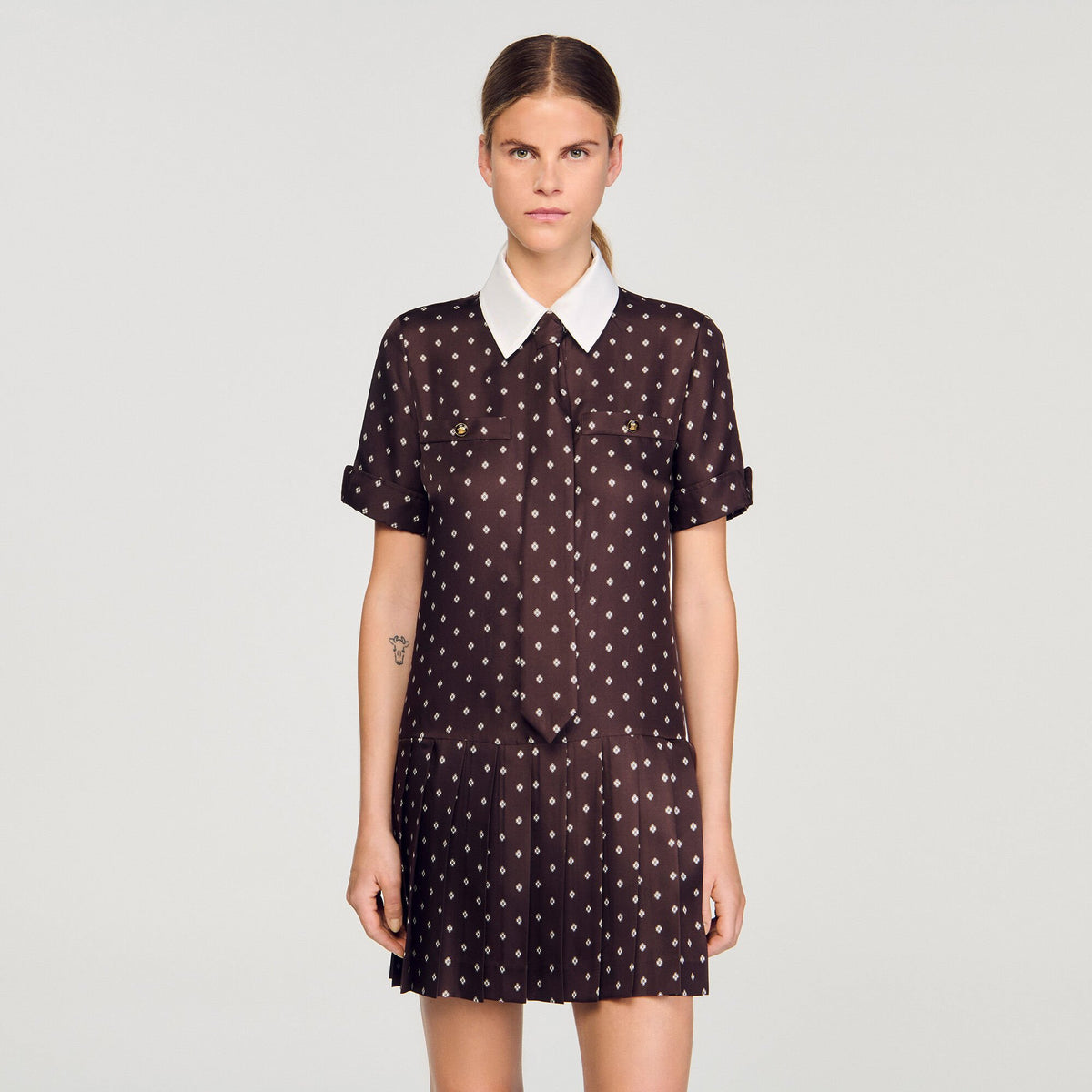 Sandro Printed satin-effect mini dress Brown / White