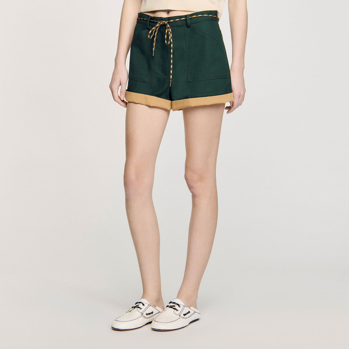 Sandro Two-tone drawstring waist shorts Bottle Green