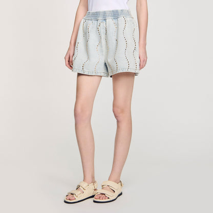 Sandro Beaded and rhinestone denim shorts Light Bu Jean