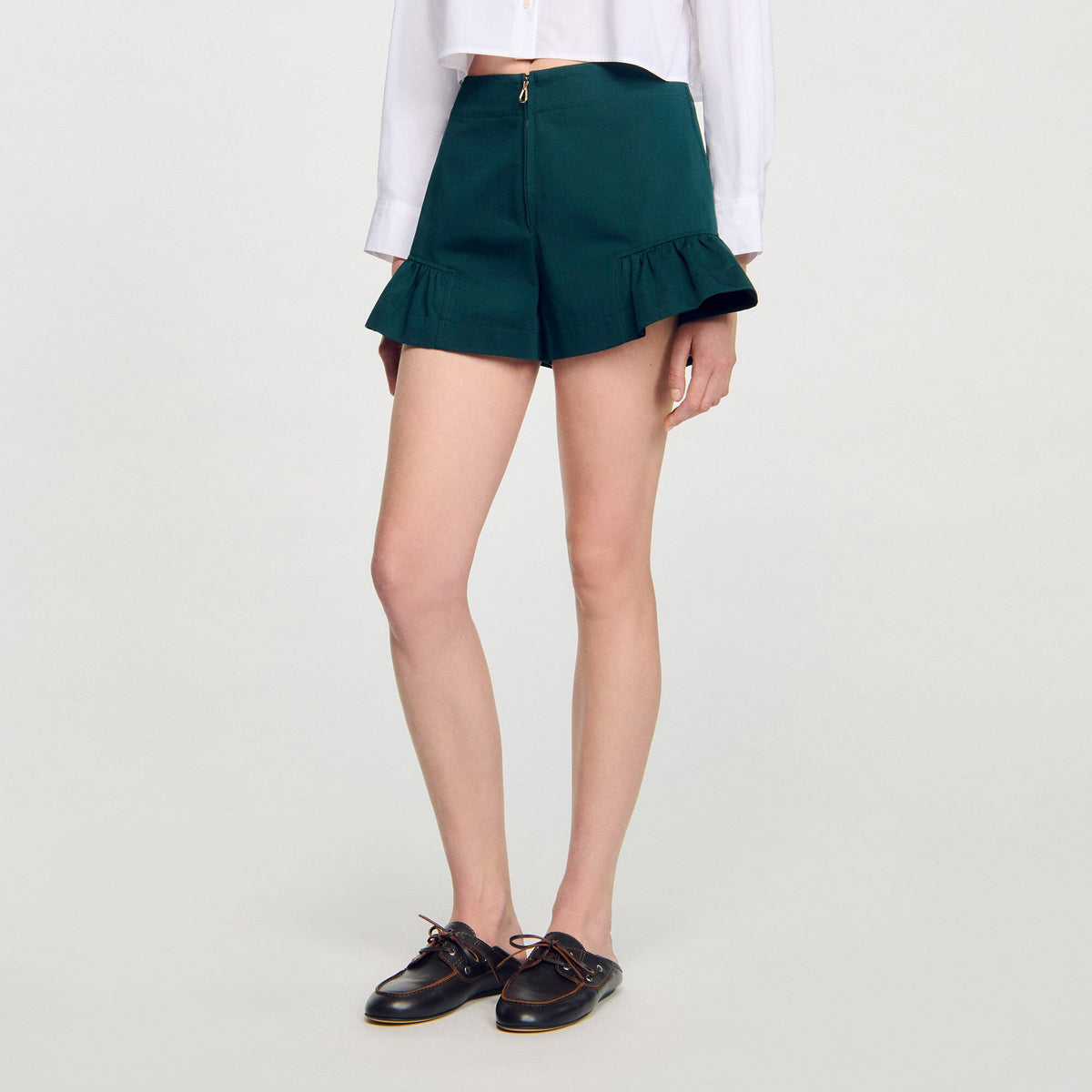 Sandro Flared ruffled shorts Bottle Green
