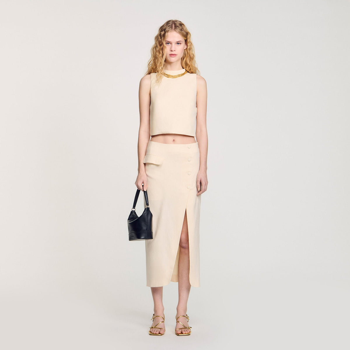 Sandro Knit crop top with necklace Ecru