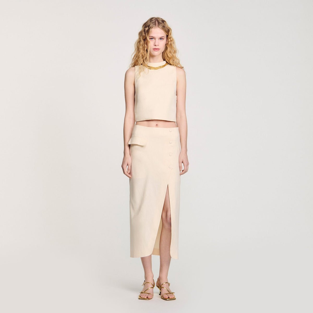 Sandro Knit crop top with necklace Ecru