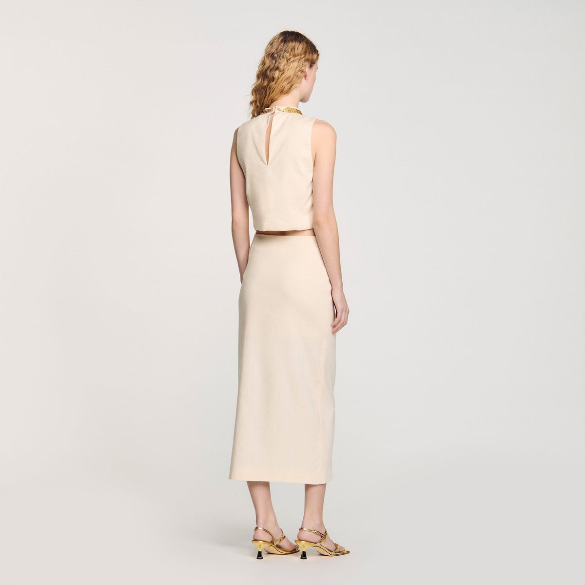 Sandro Knit crop top with necklace Ecru