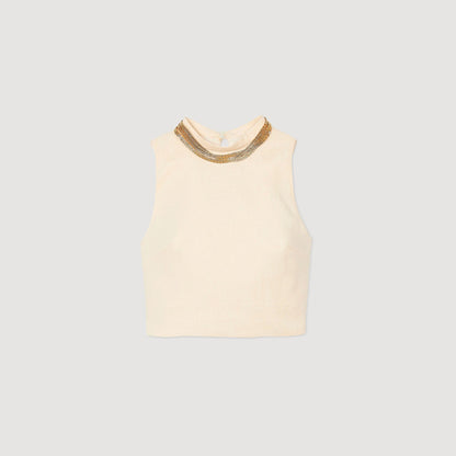Sandro Knit crop top with necklace Ecru