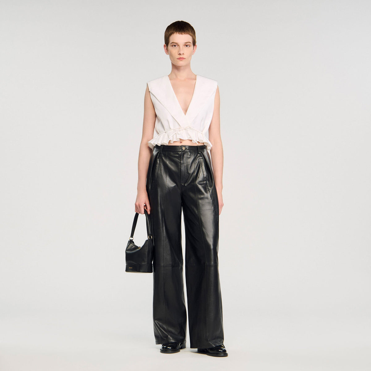 Sandro Ruffled V-neck crop top Ecru