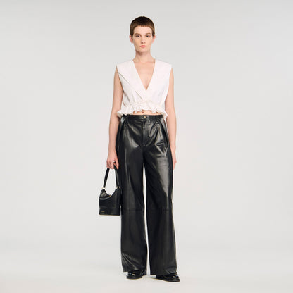 Sandro Ruffled V-neck crop top Ecru