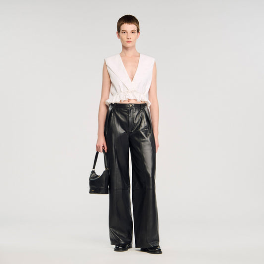 Sandro Ruffled V-neck crop top Ecru