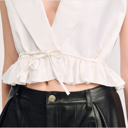Sandro Ruffled V-neck crop top Ecru