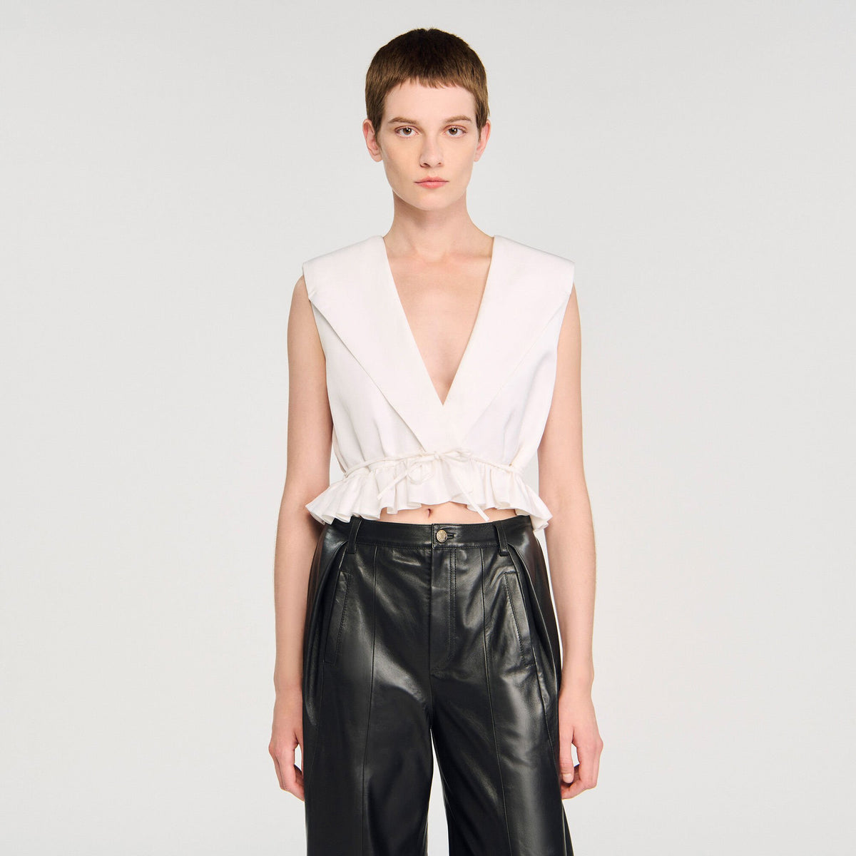 Sandro Ruffled V-neck crop top Ecru
