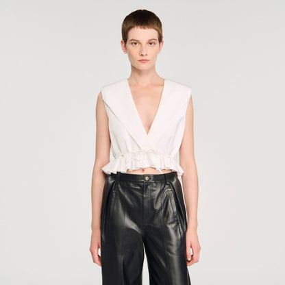 Sandro Ruffled V-neck crop top Ecru