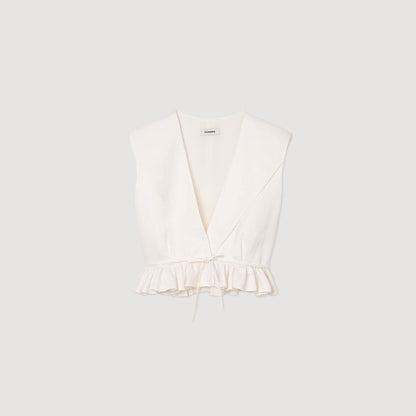 Sandro Ruffled V-neck crop top Ecru