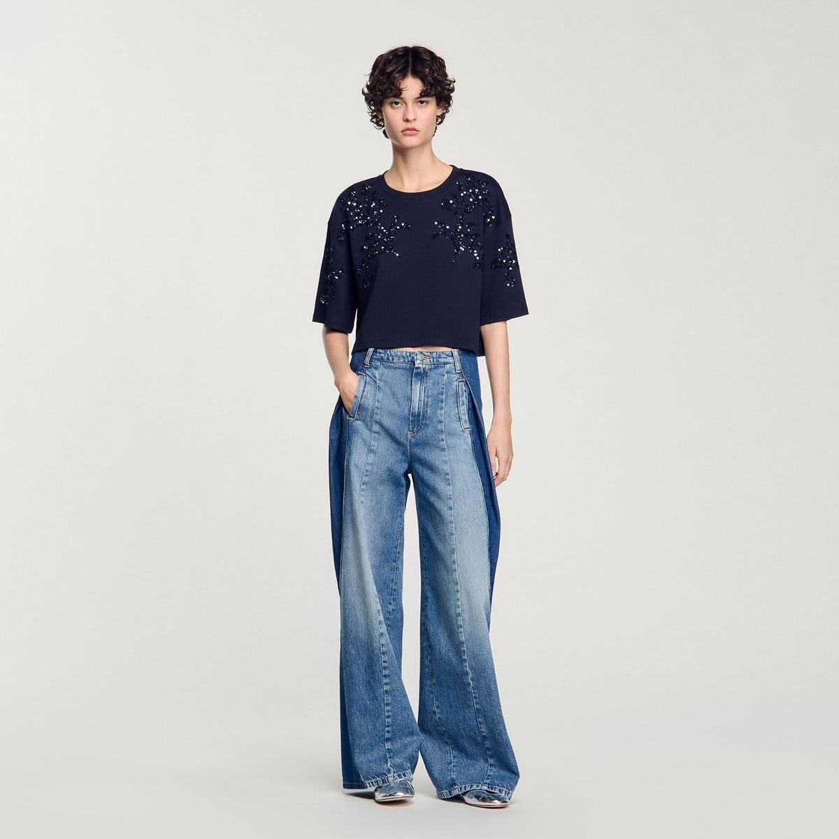 Sandro T-shirt with beaded details Navy Blue