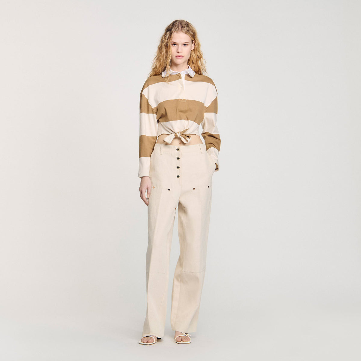 Sandro Striped polo-neck T-shirt Beige