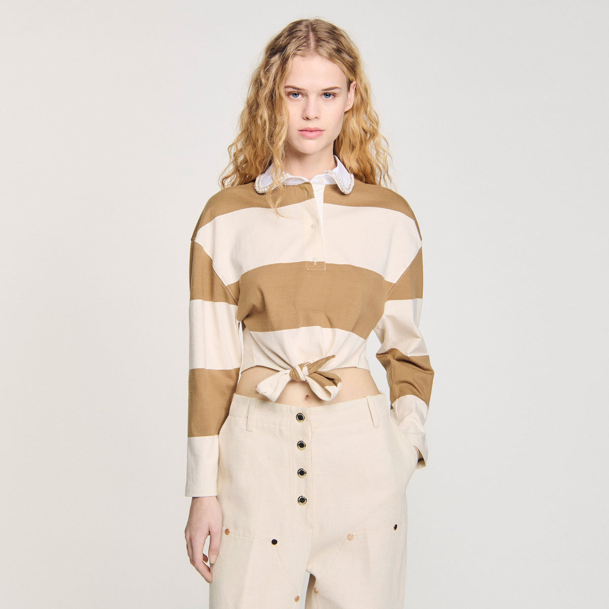 Sandro Striped polo-neck T-shirt Beige