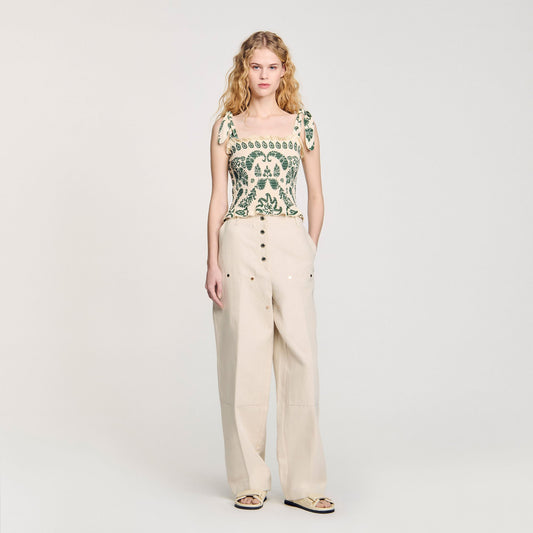 Sandro Floral motif smocked top Ecru / Green