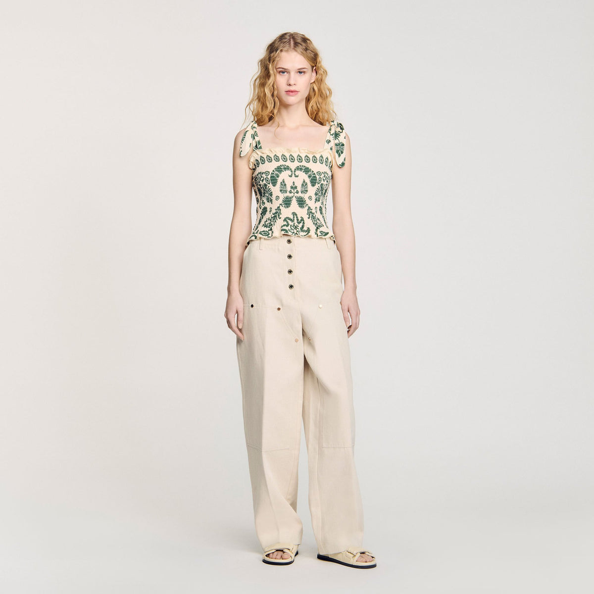 Sandro Floral motif smocked top Ecru / Green