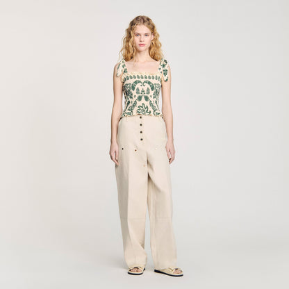 Sandro Floral motif smocked top Ecru / Green