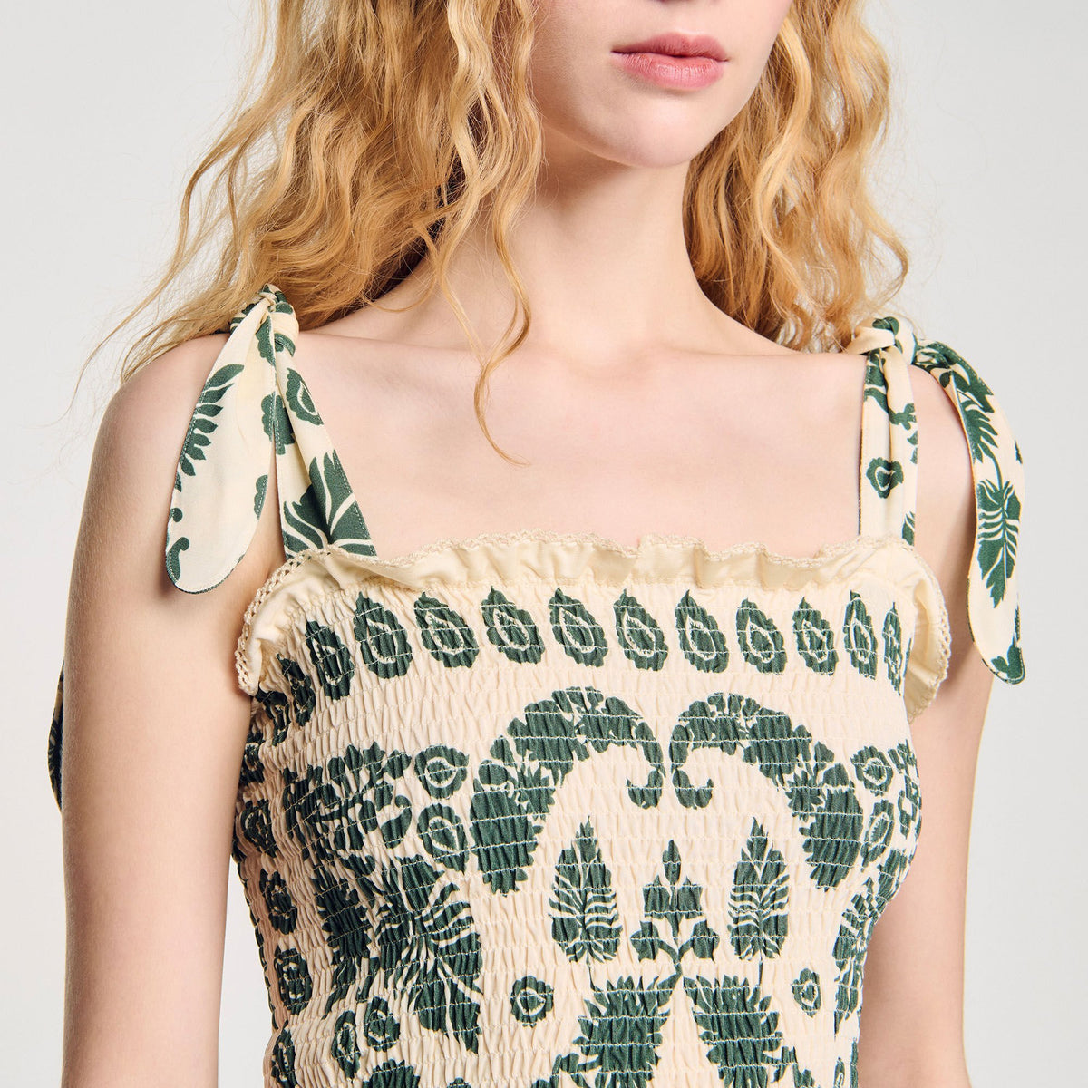 Sandro Floral motif smocked top Ecru / Green