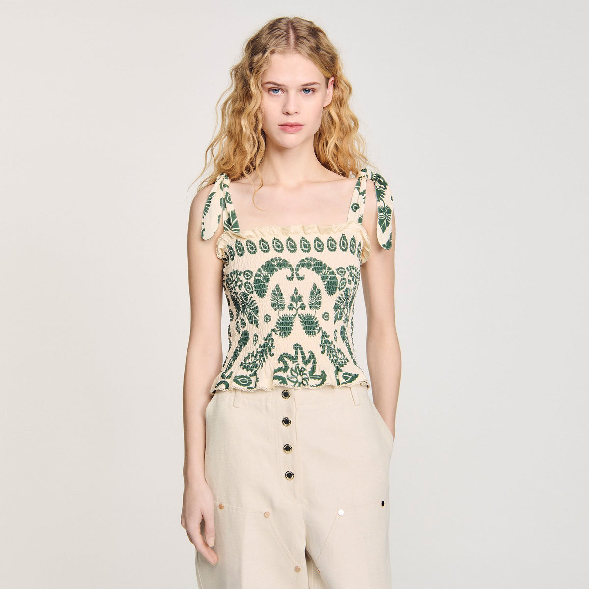 Sandro Floral motif smocked top Ecru / Green