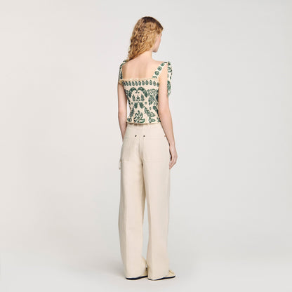 Sandro Floral motif smocked top Ecru / Green