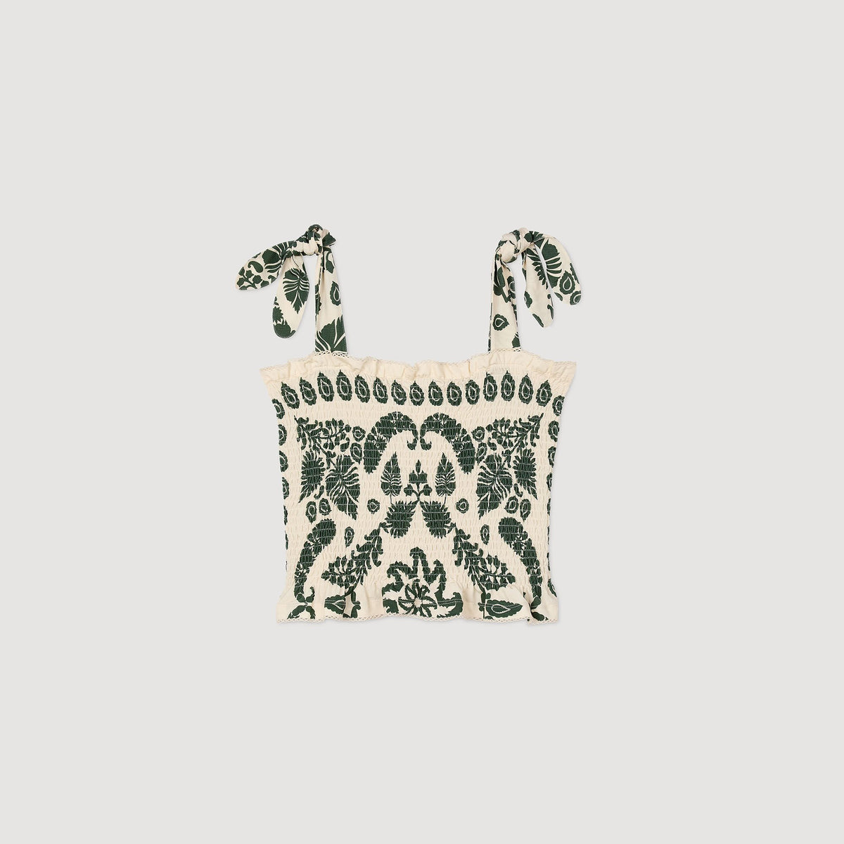 Sandro Floral motif smocked top Ecru / Green