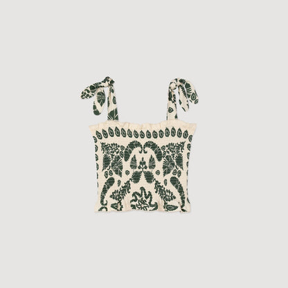 Sandro Floral motif smocked top Ecru / Green