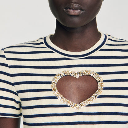 Sandro Rhinestone heart T-shirt Ecru
