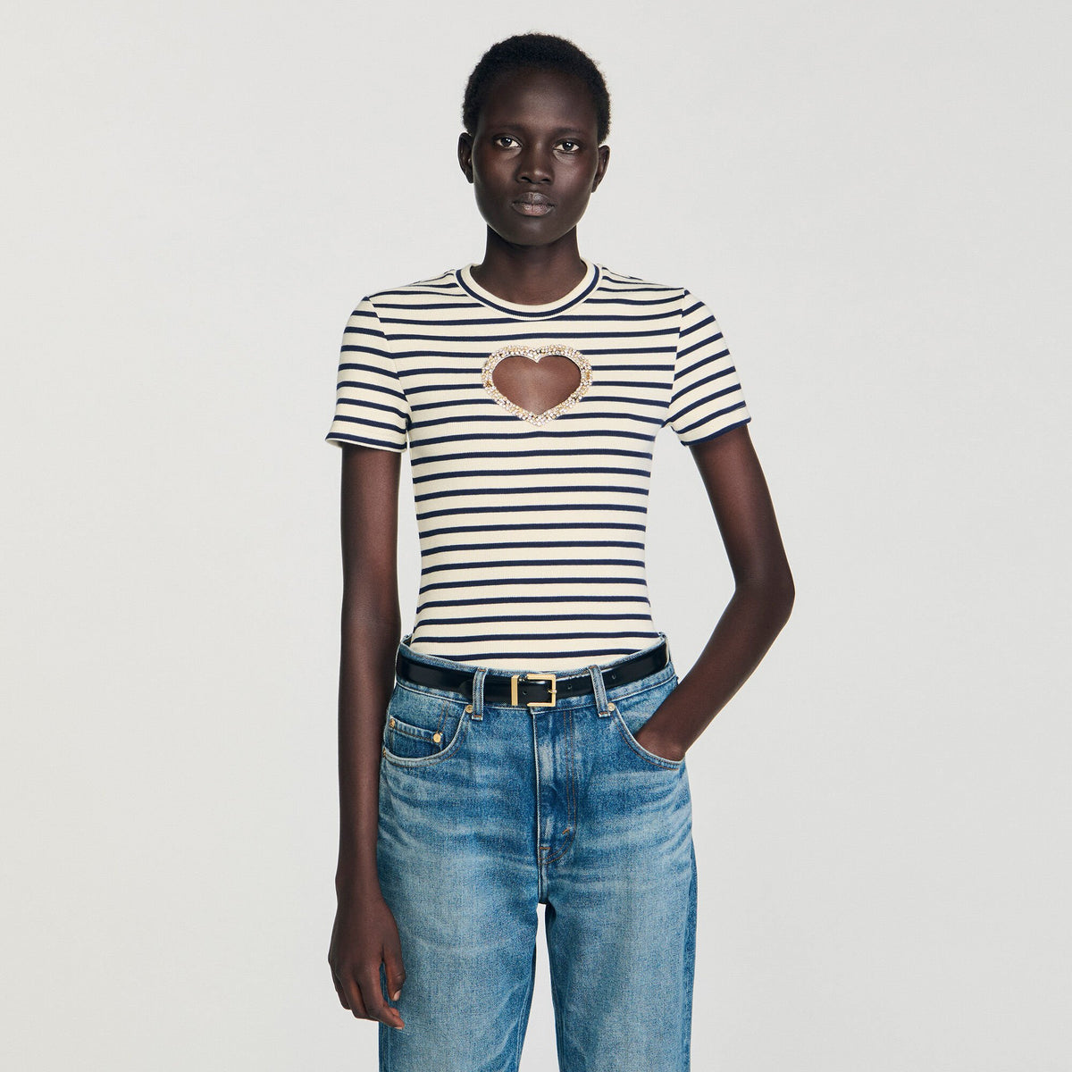 Sandro Rhinestone heart T-shirt Ecru