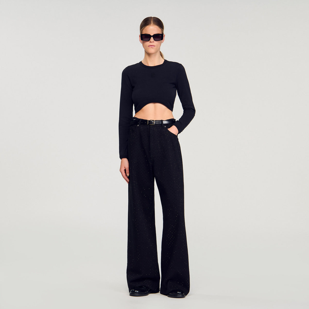 Sandro Cropped embroidered T-shirt Black