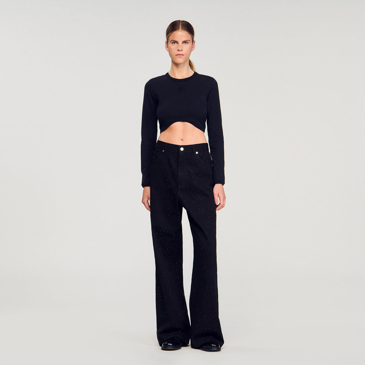 Sandro Cropped embroidered T-shirt Black