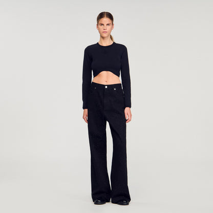 Sandro Cropped embroidered T-shirt Black