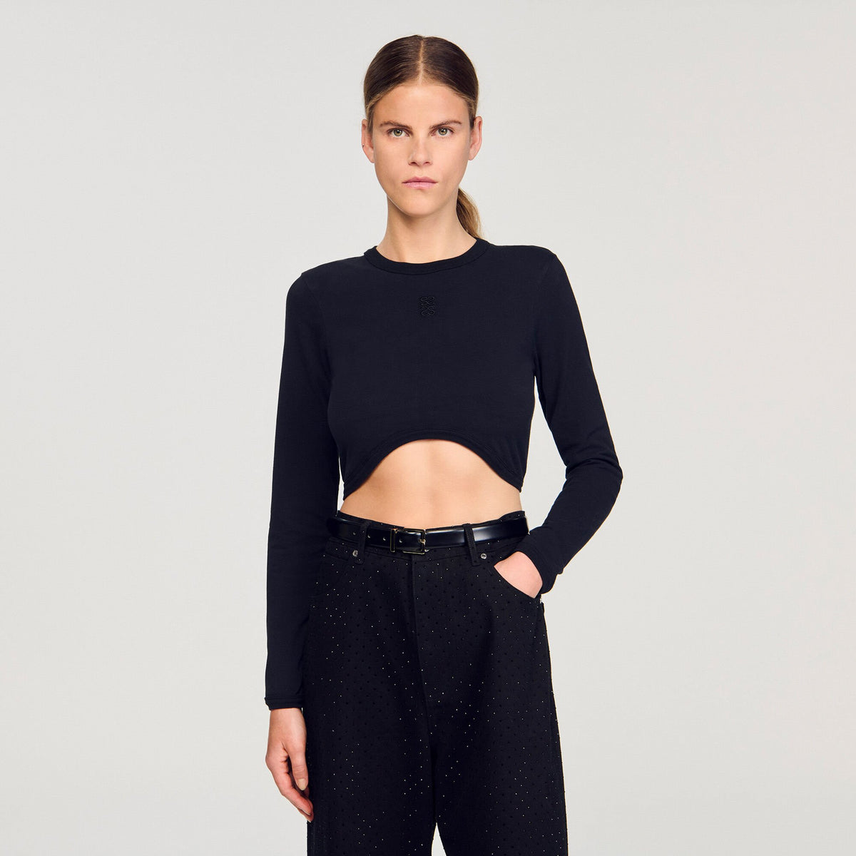 Sandro Cropped embroidered T-shirt Black