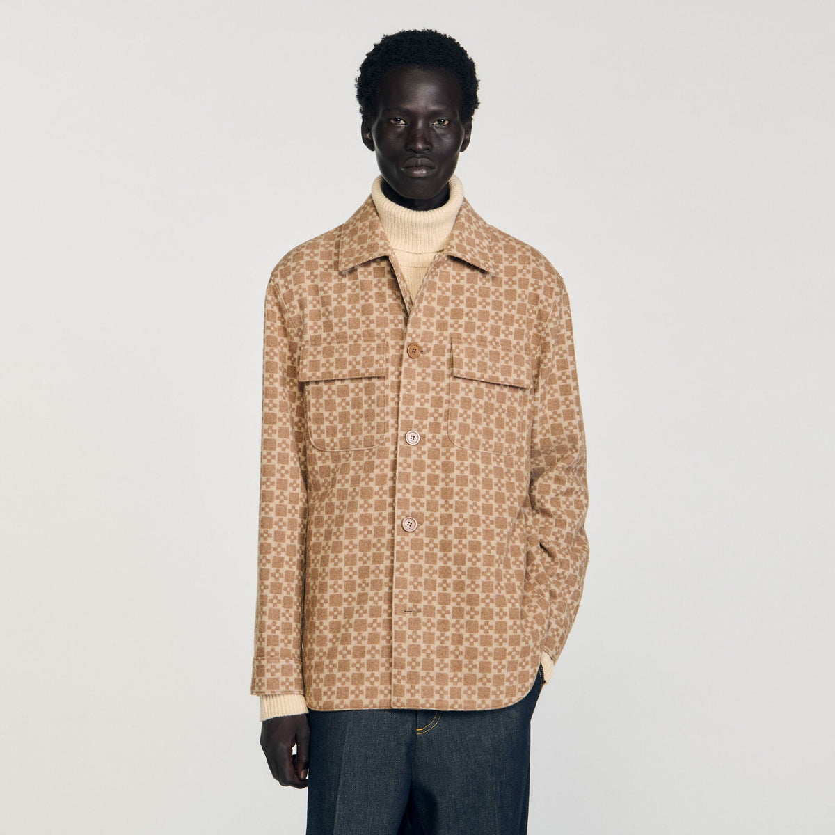 Sandro Square Cross jacquard overshirt Camel