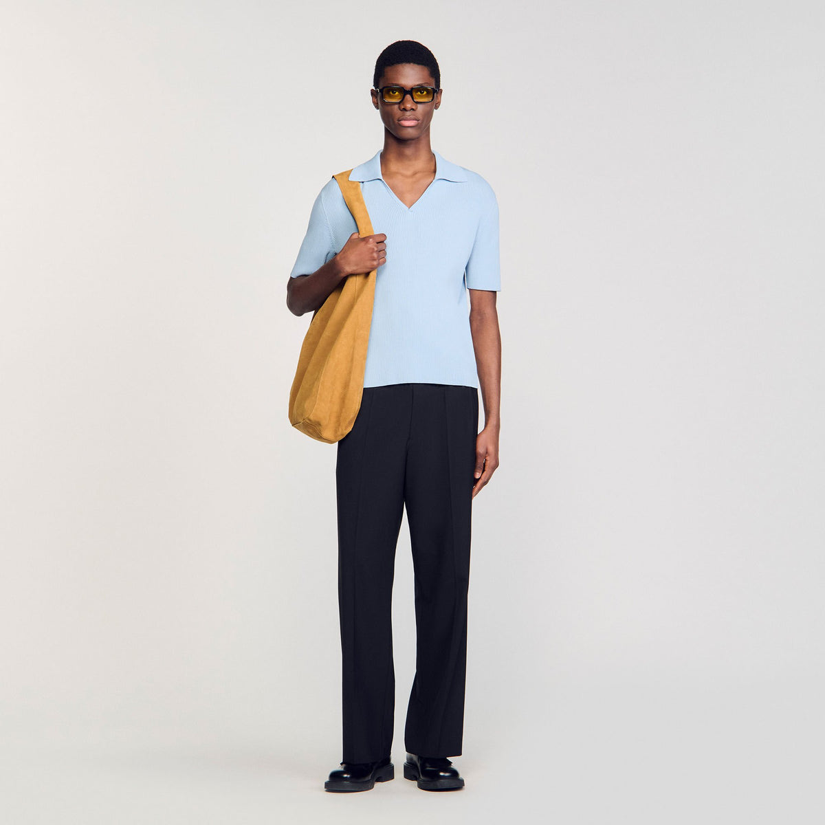 Sandro Rib knit polo shirt Blue Sky