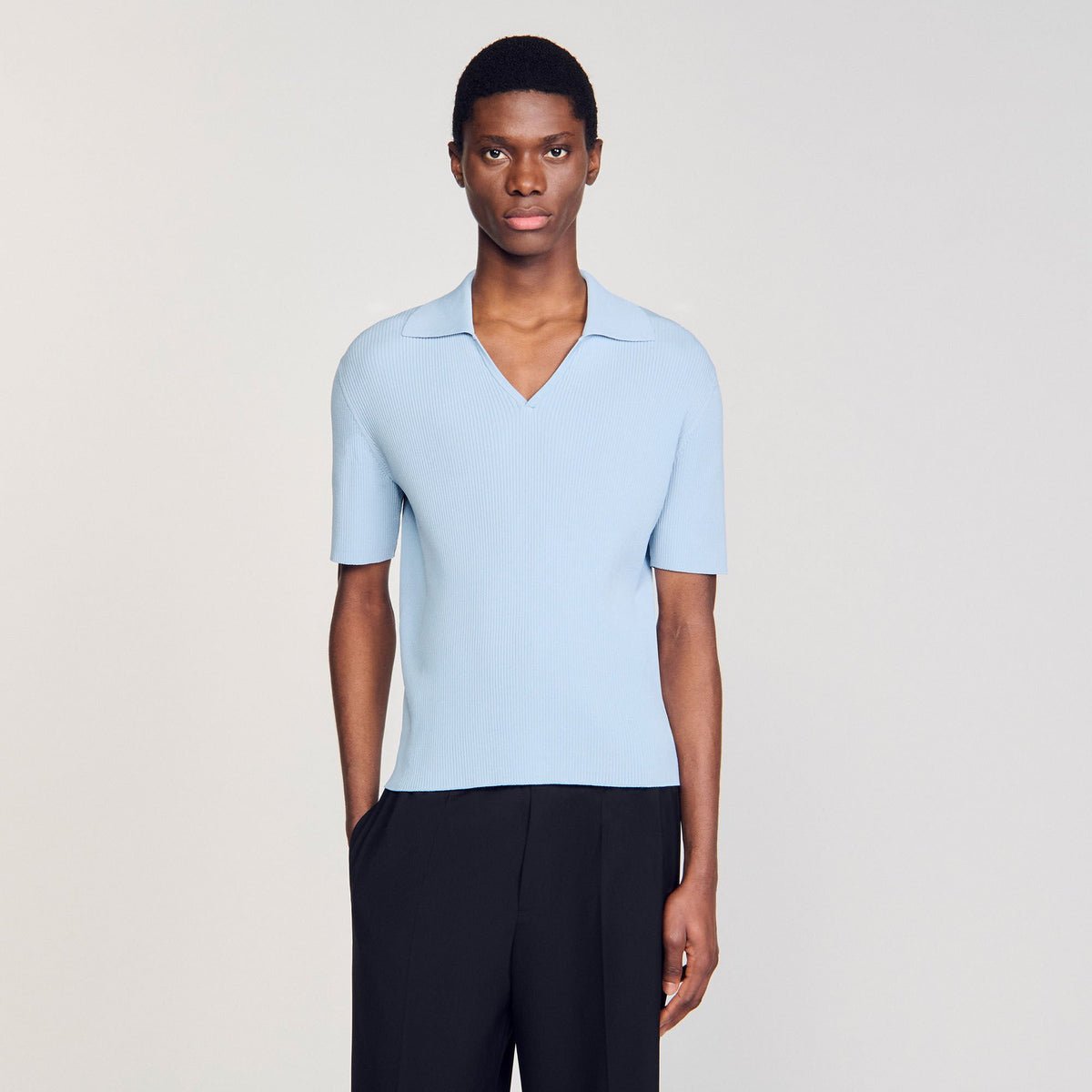 Sandro Rib knit polo shirt Blue Sky