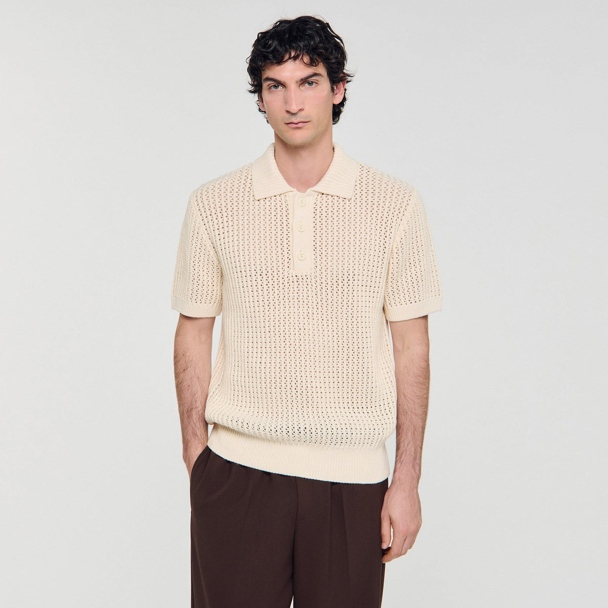 Sandro Cotton shirt with polo collar Butter Cream