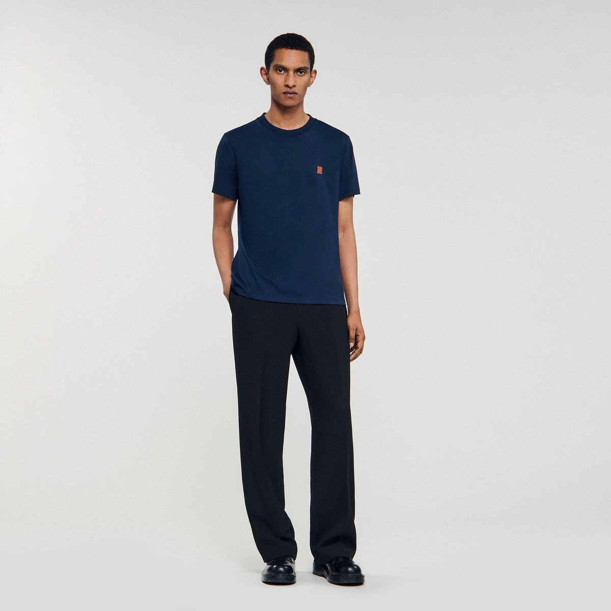 Sandro Leather logo T-shirt Navy Blue